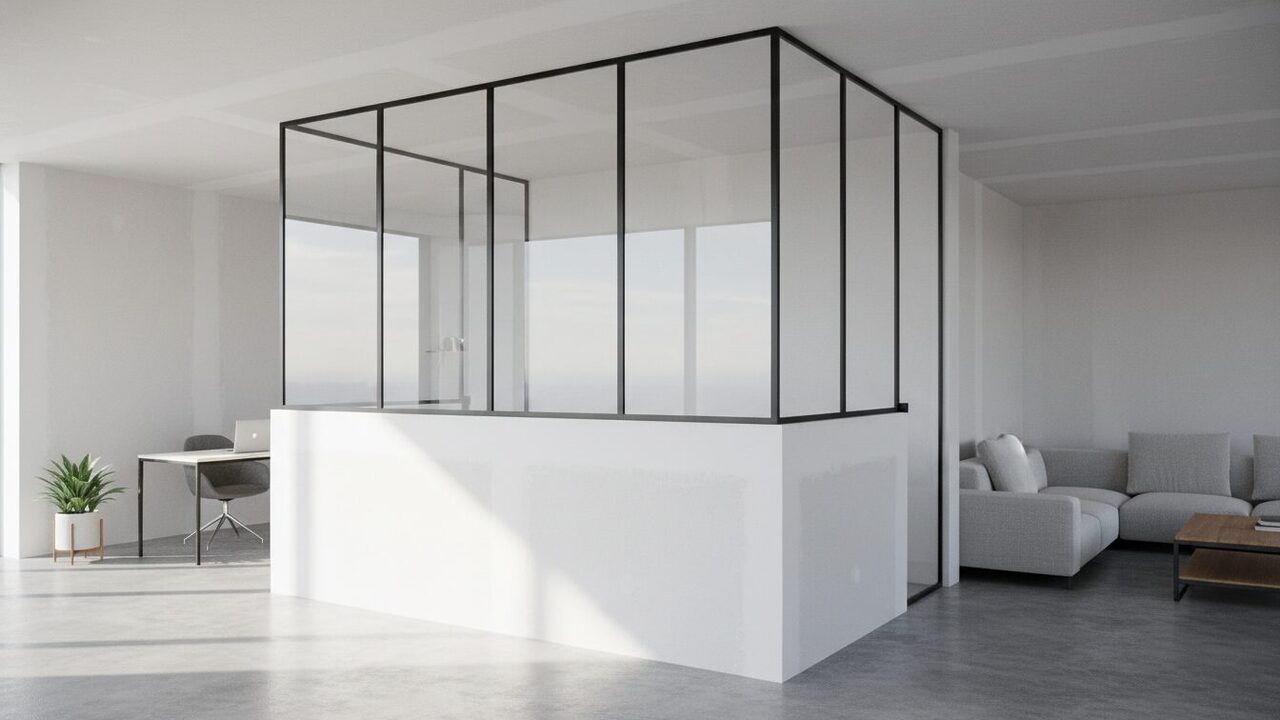 découvrez notre kit de verrière intérieure facile à poser sur muret en placo, pour apporter lumière et élégance à votre intérieur avec un meuble design et moderne.