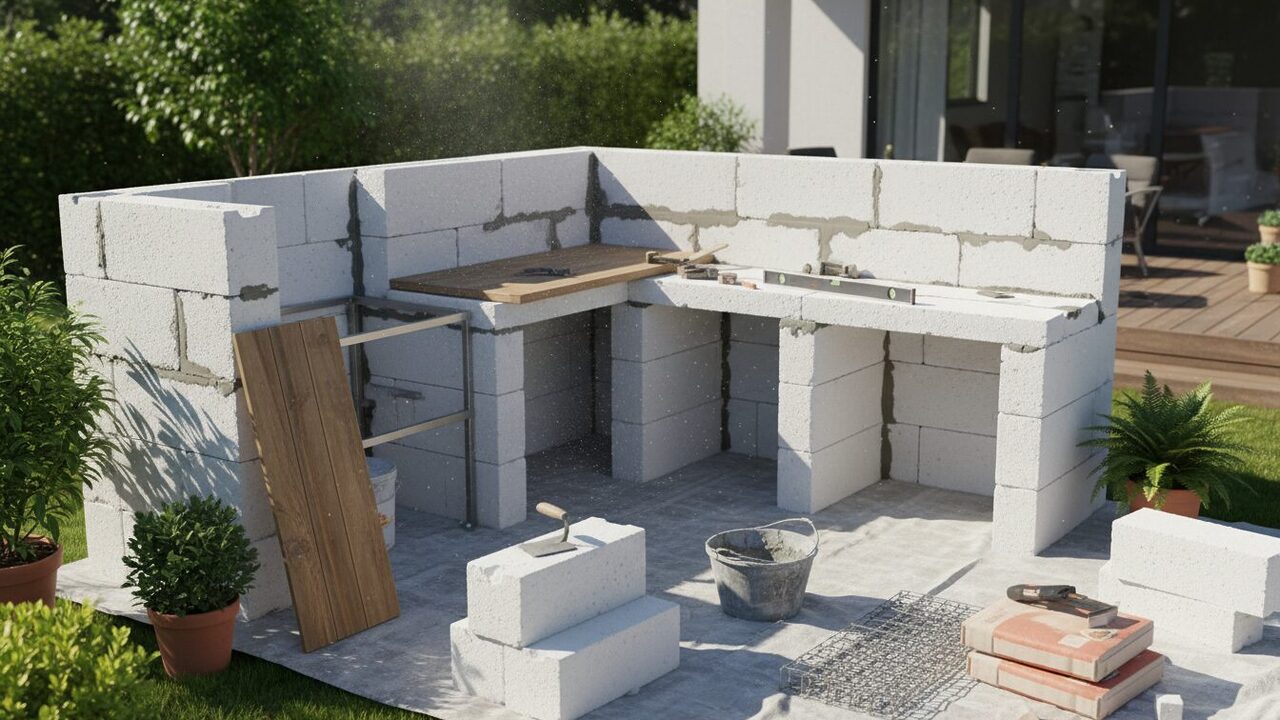 découvrez comment construire une cuisine d'été en béton cellulaire grâce à notre guide pas à pas, alliant robustesse et design pour un espace extérieur convivial.