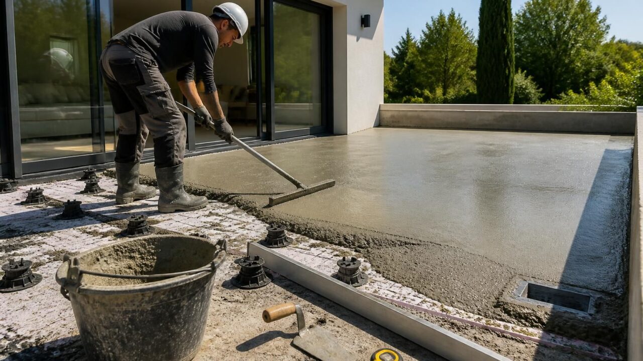découvrez comment réaliser une chape pour terrasse extérieure en maîtrisant le dosage des matériaux et la réalisation de la pente pour un drainage optimal et une finition durable.