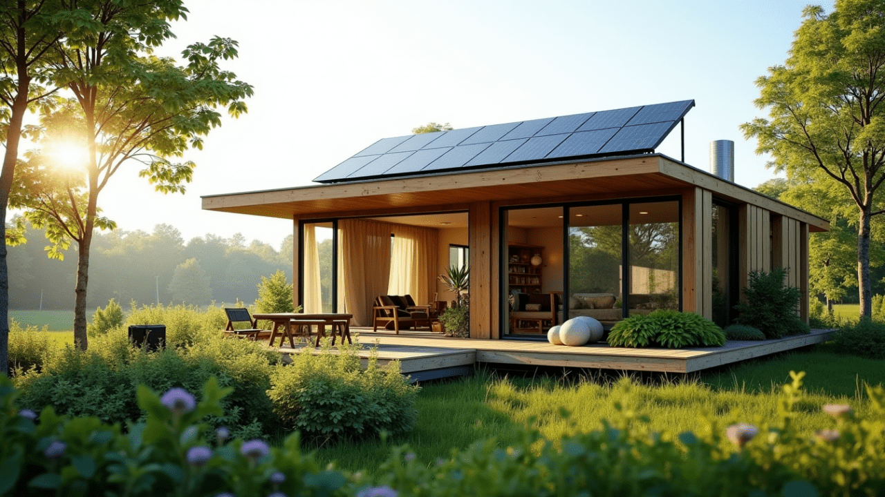 Bâtiment modulaire en bois avec panneaux solaires dans un environnement végétalisé, illustrant la location modulaire écoresponsable