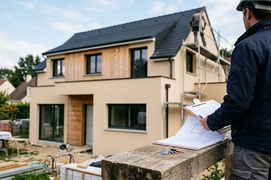 Maître d'ouvrage examinant les plans devant une maison en construction avec échafaudage et couvreur sur le toit
