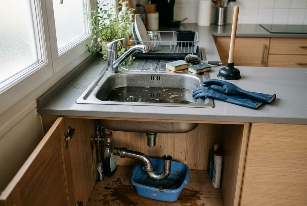 Évier de cuisine rempli d'eau stagnante, siphon démonté au-dessus d'une bassine, ventouse et gants à côté