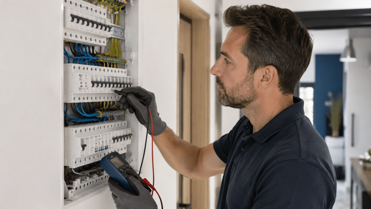 Électricien en gants isolants contrôlant un disjoncteur au multimètre sur un tableau électrique ouvert