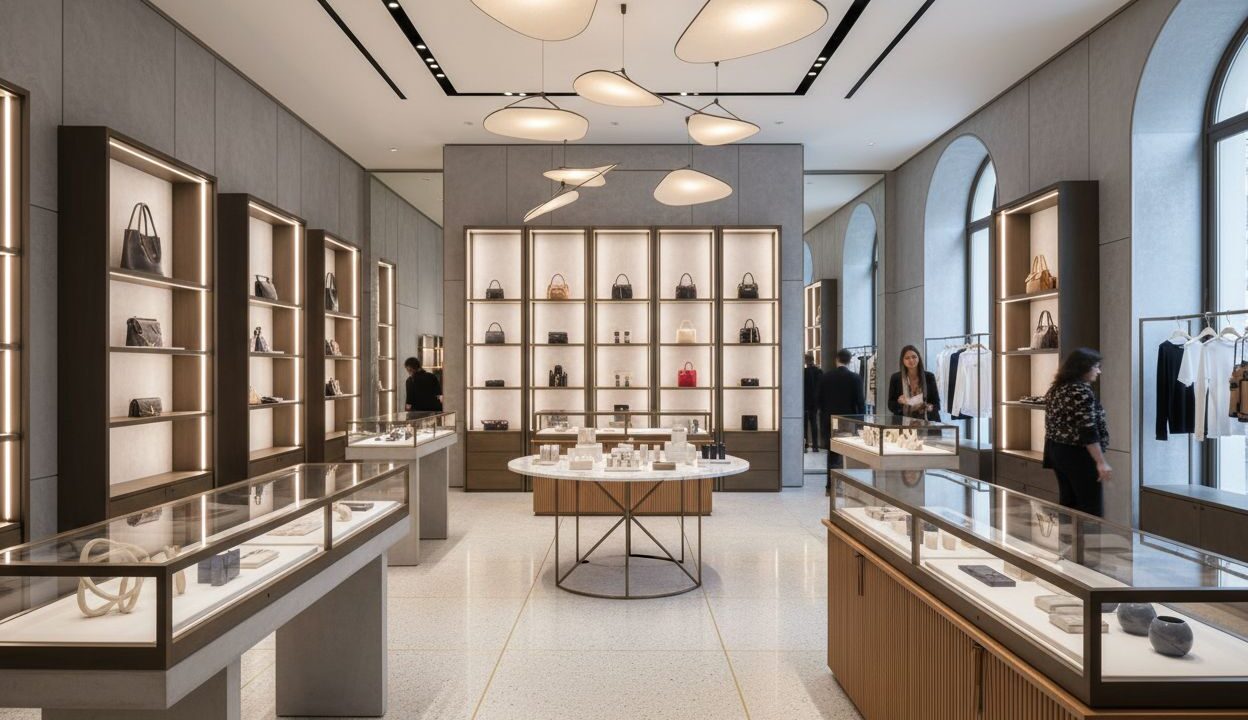 Mobilier commercial sur mesure Someva en bois dans un point de vente, présentoirs et agencement de magasin
