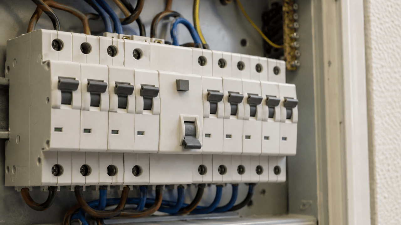 Tableau électrique ouvert, rangée de disjoncteurs divisionnaires et interrupteur différentiel avec bouton test