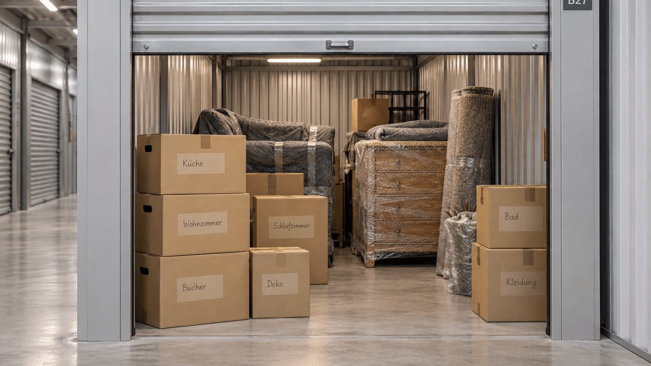 Cartons de déménagement étiquetés et meubles protégés empilés dans un box de self-stockage à porte métallique