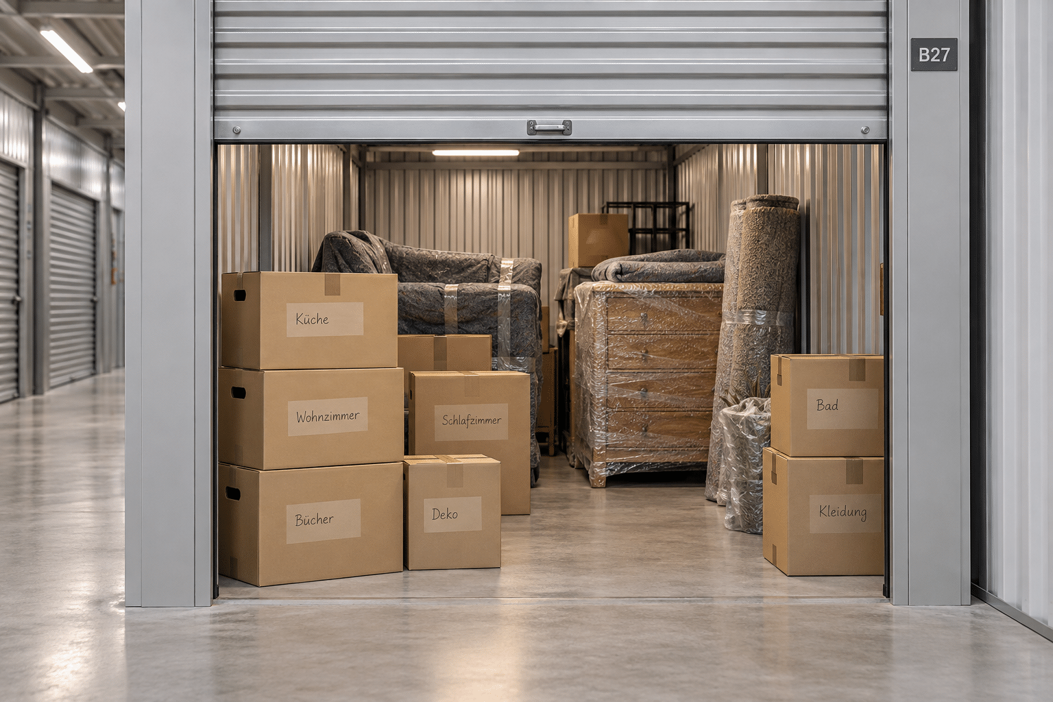 Cartons de déménagement étiquetés et meubles protégés empilés dans un box de self-stockage à porte métallique