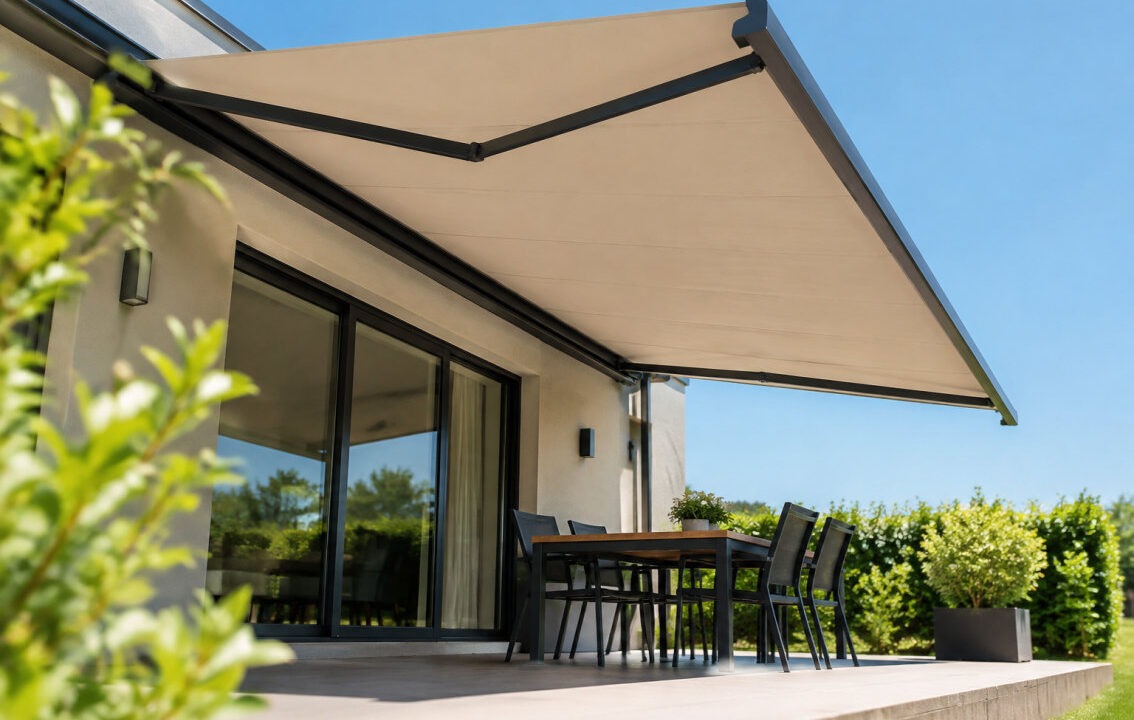 Store banne sur mesure déployé au-dessus d'une terrasse ensoleillée avec salon de jardin