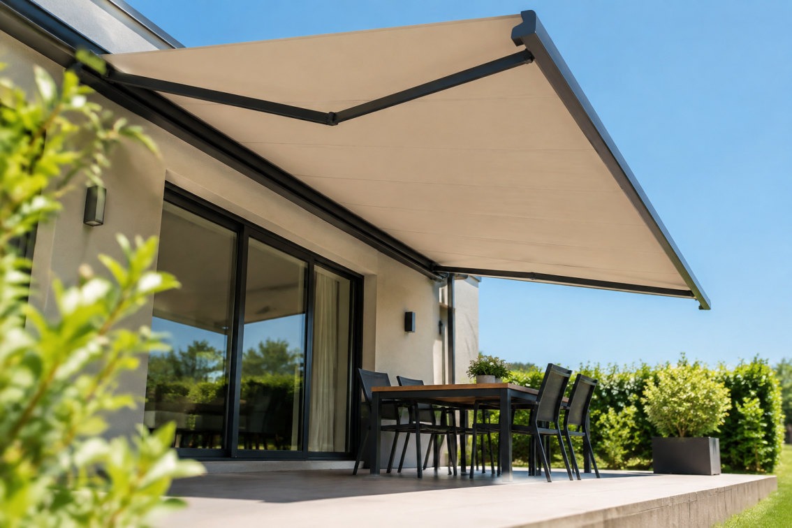 Store banne sur mesure déployé au-dessus d'une terrasse ensoleillée avec salon de jardin